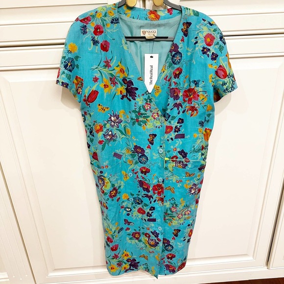 Gucci Vintage 80’s 90’s Linen Floral Short Sleeve Button V Neck Midi Dress Rare - Picture 1 of 11
